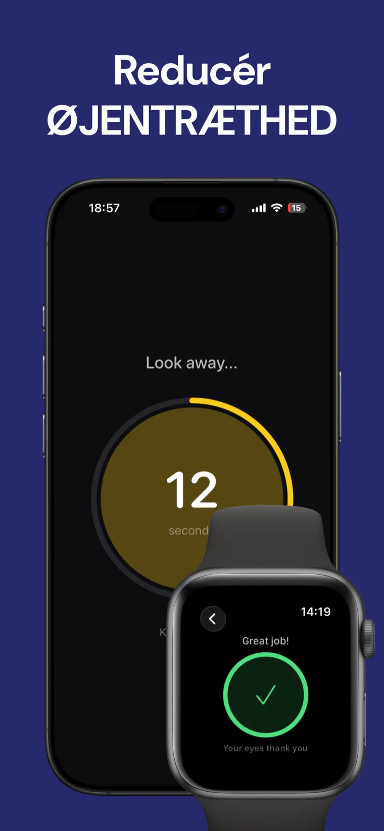 Reducér ØJENTRÆTHED — Øjenhvile på iPhone viser den primære påmindelsesskærm med en 20-sekunders hviletimer