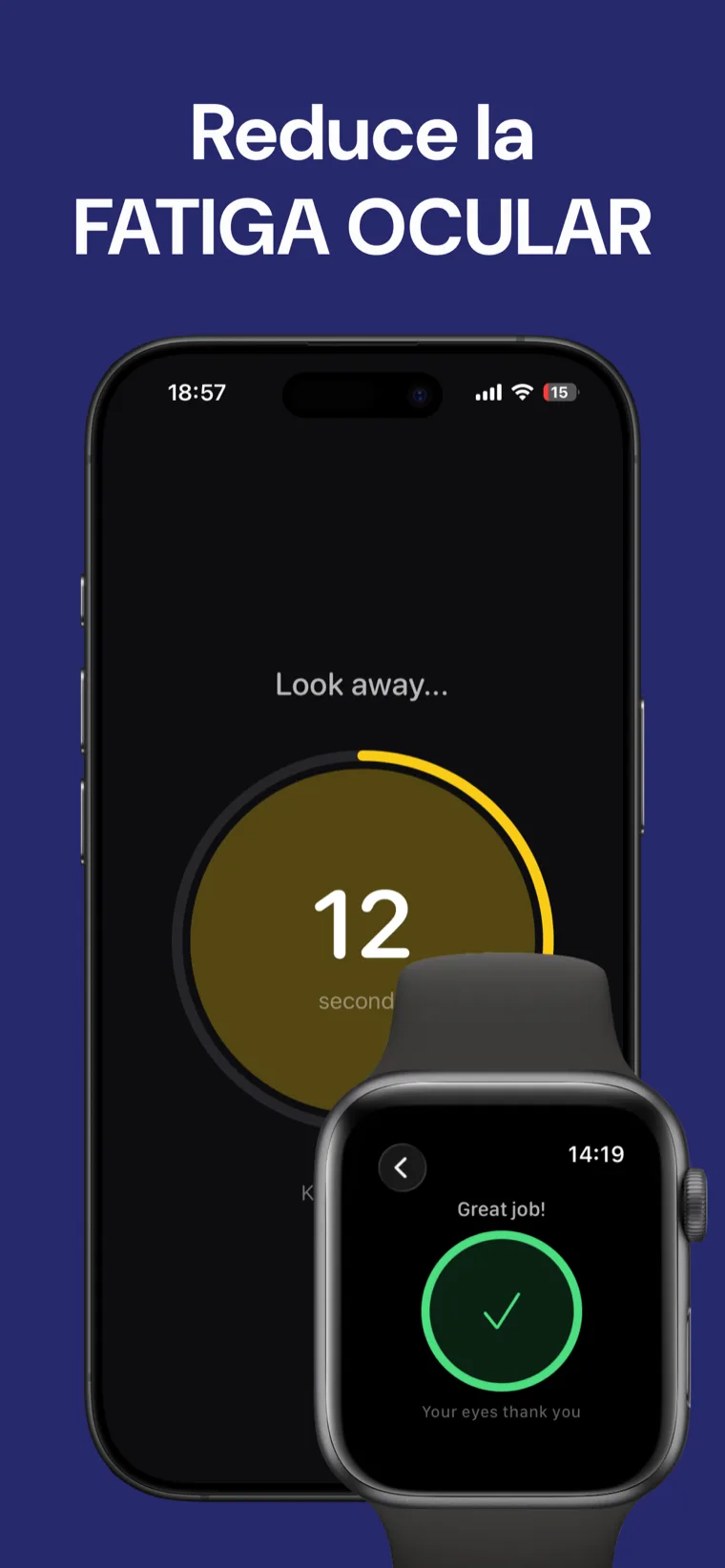 Reduce la FATIGA OCULAR — Descanso Ocular en iPhone mostrando la pantalla principal de recordatorio con un temporizador de descanso de 20 segundos