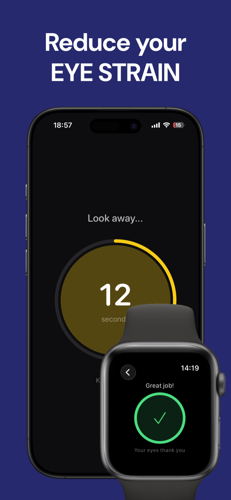 Reduce your eye strain — Eye Rest Reminder on iPhone showing the main reminder screen with a 20-second rest timer