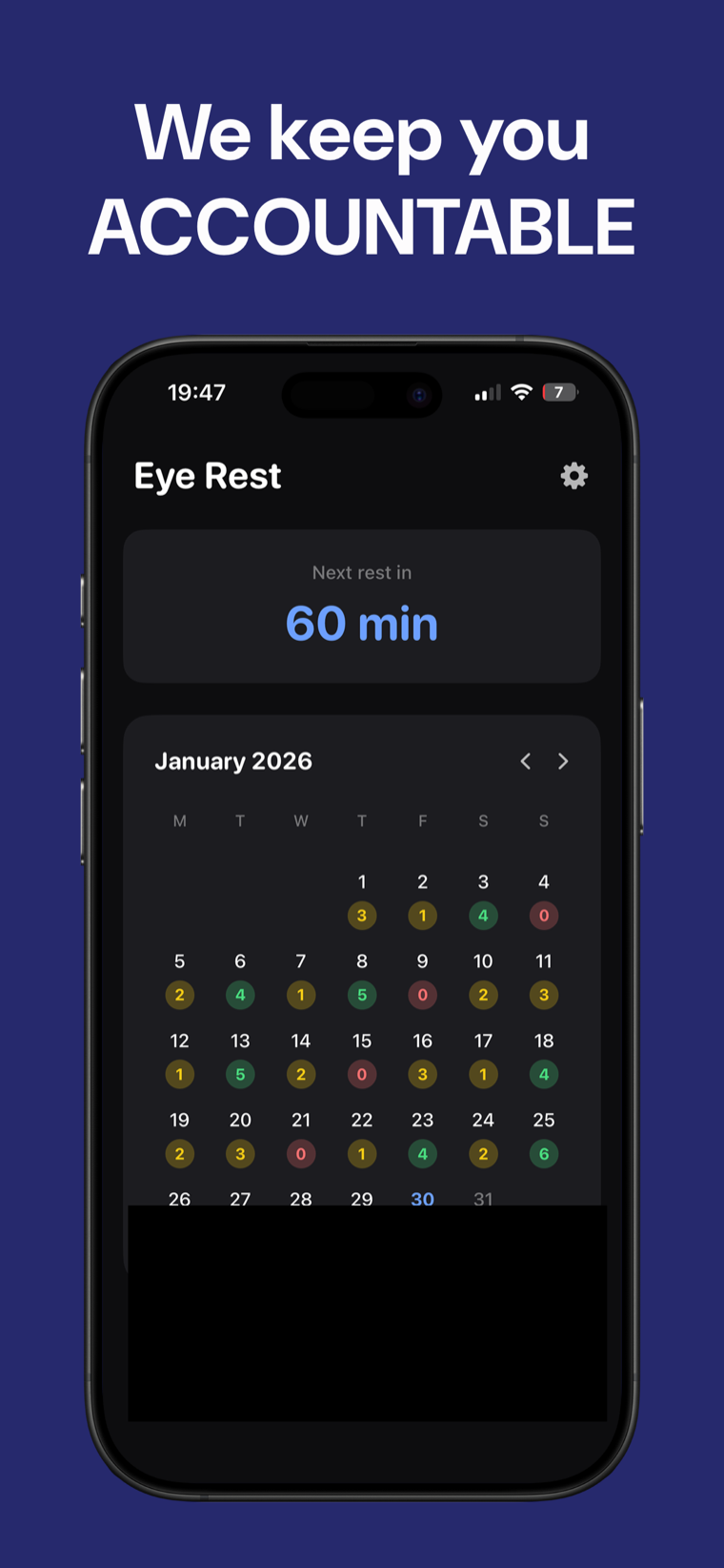 We keep you accountable — Eye Rest Reminder showing a daily streak tracked on a calendar