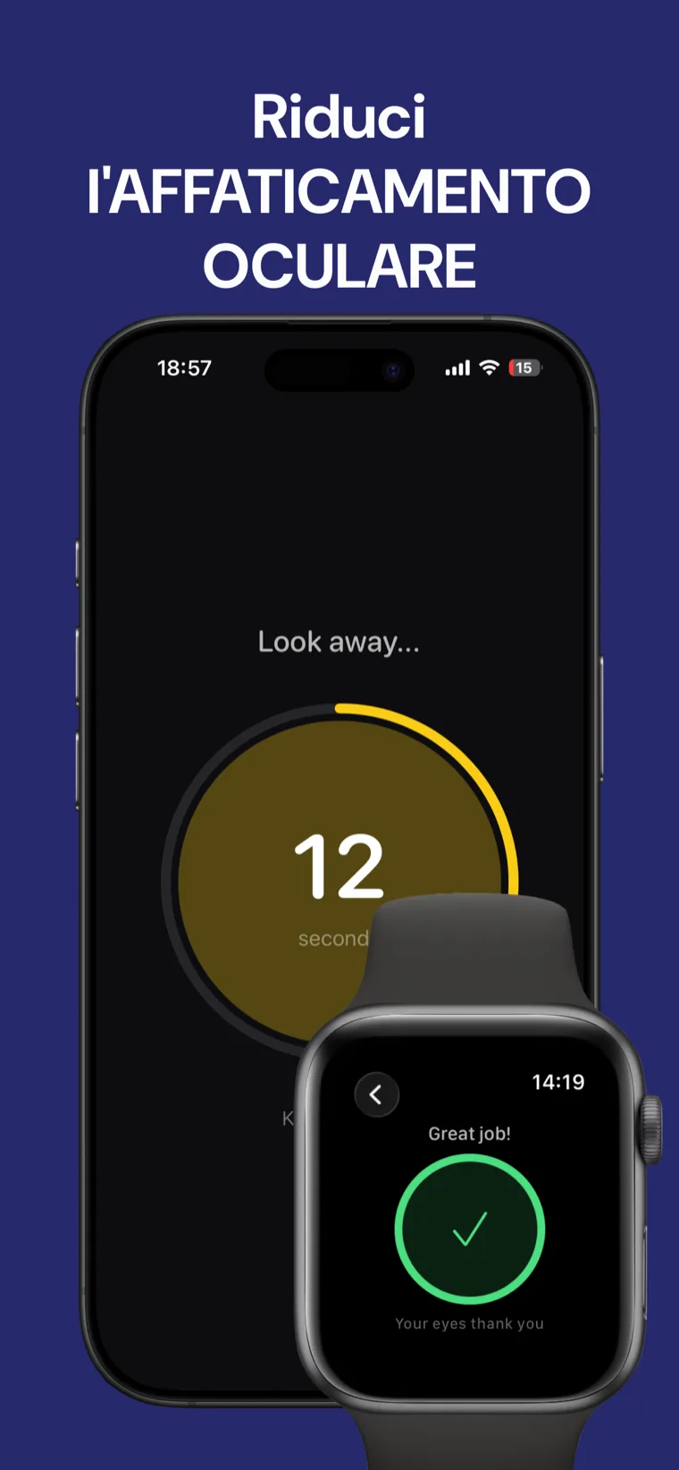 Riduci l'AFFATICAMENTO OCULARE — Riposo Occhi su iPhone mostra la schermata principale del promemoria con un timer di riposo di 20 secondi