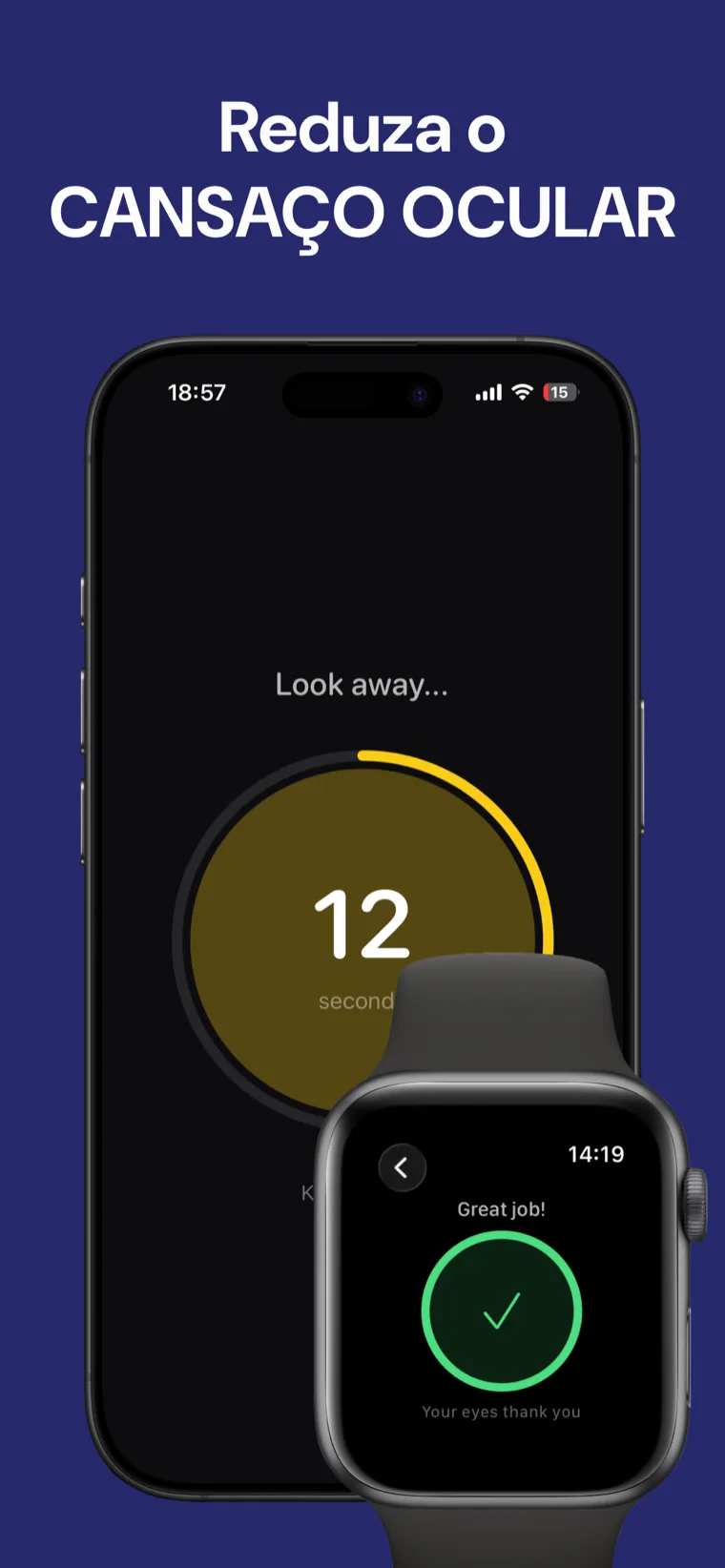 Reduza o CANSAÇO OCULAR — O Descanso dos Olhos no iPhone mostrando o ecrã principal de lembrete com um temporizador de descanso de 20 segundos